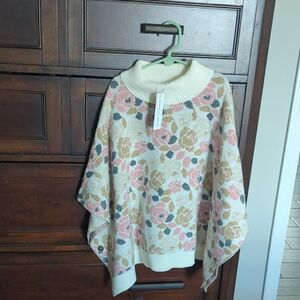 Janie and Jack Cream Floral Knit Poncho with Pink and Tan Blooms